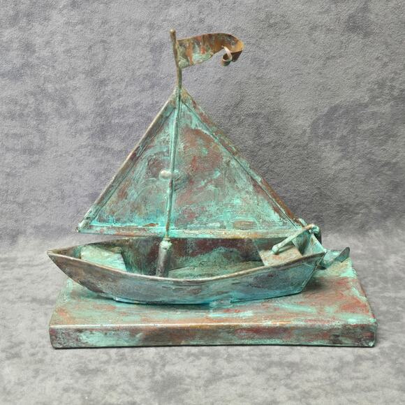 Vintage Copper Brass Tone Metal Sailboat w. Movable Sail Nautical Ship Boat Sea - Picture 11 of 11